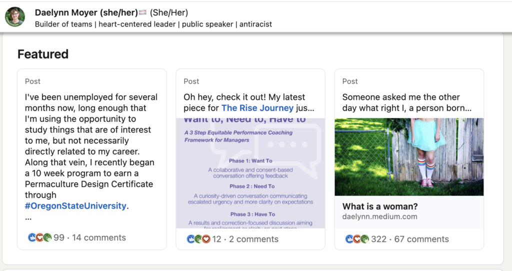 Daelyn Moyer’s featured section on LinkedIn shows their best-performing posts.
