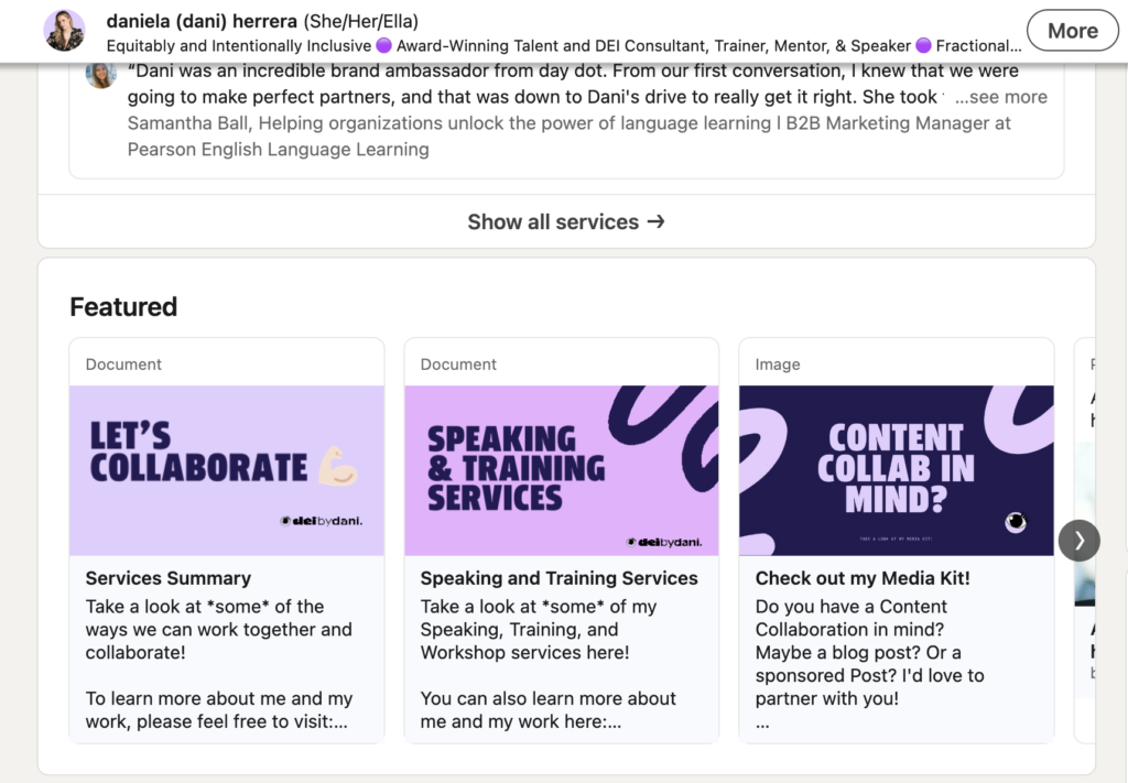 Screenshot of an example of someone creatively using the LinkedIn featured section such as featuring services summary, media kit, and information on speaking and training services.