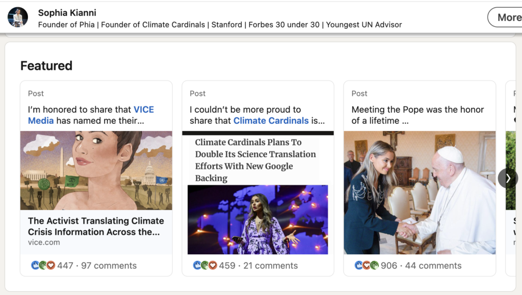 Screenshot of Sophia Kianni’s LinkedIn featured section featuring media appearances
