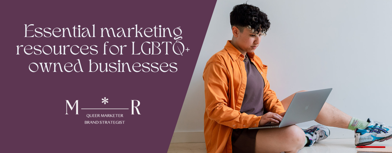 Rocio Sanchez, founder of LGBTQ+ marketing agency for LGBTQ+ owned businesses Marketing by Rocio, poses next to a text overlay reading “Essential marketing resources for LGBTQ+ owned businesses”