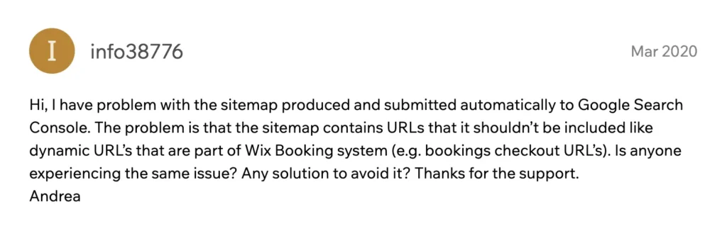 Screenshot of a user’s issue about sitemap at Wix’s community support forum