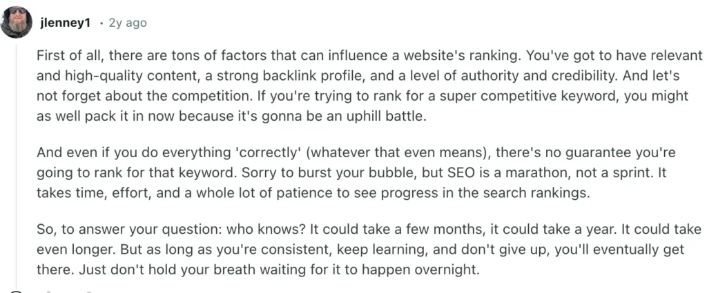 Redditor explaining different factors that affect SEO ranking.