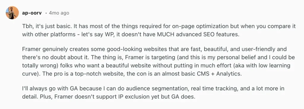 Screenshot of a Redditor’s comment about Framer’s SEO capabilities.