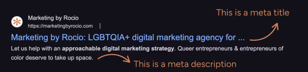 Screenshot showing a Google search result with a highlighted meta title ("Marketing by Rocio: LGBTQIA+ digital marketing agency for...") and a meta description underneath explaining approachable digital marketing strategy