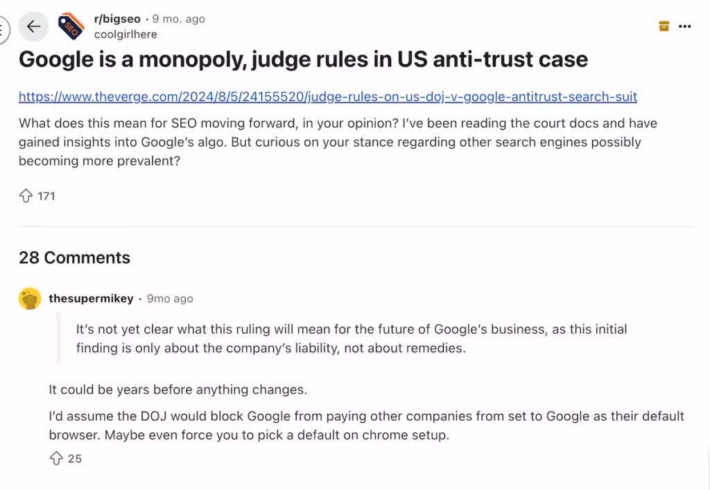 Reddit post in r/bigseo discussing the Google antitrust ruling and its impact on future SEO strategies.