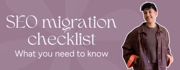 Marketing by Rocio founder posing next to words, "SEO migration checklist: What you need to know"