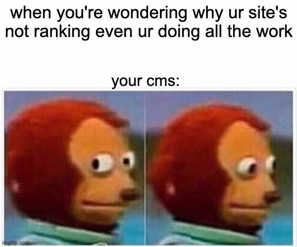 Monkey puppet meme with the captions, “When you’re wondering why your site’s not ranking even if you're doing all the work”, and “Your CMS”.