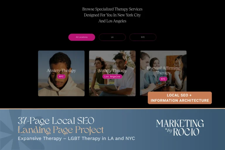 Local SEO landing page design for Expansive Therapy showing filterable therapy specialties in NYC and Los Angeles