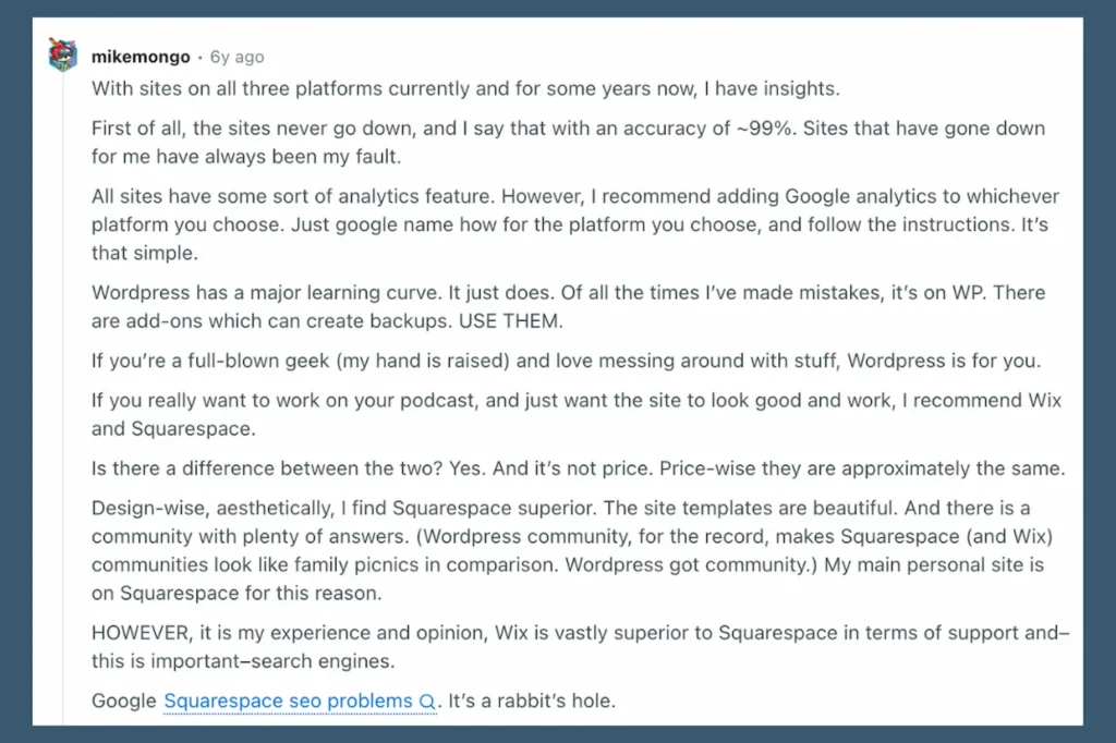Reddit comment from user mikemongo comparing WordPress, Squarespace, and Wix for small business 