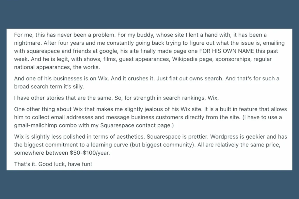 Continuation of Reddit comment where mikemongo shares how a Wix site outranked a Squarespace site in Google search results
