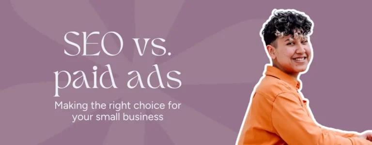 Marketing by Rocio owner posing right next to words, "SEO vs paid ads"