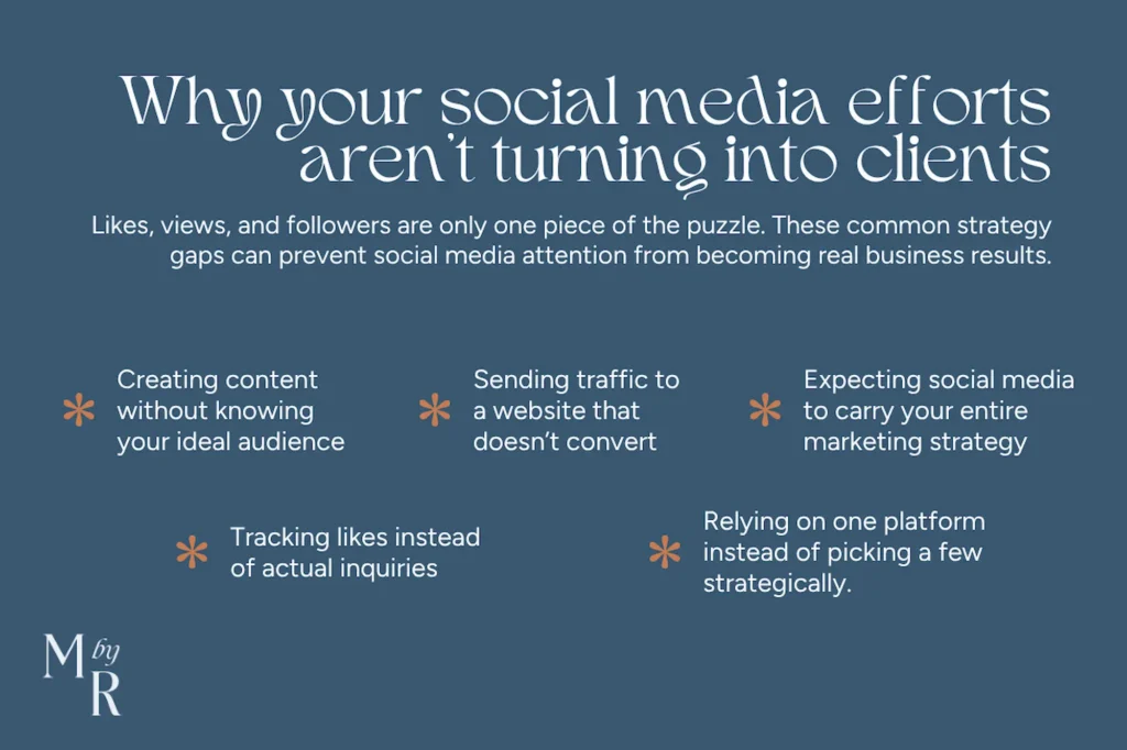 A digital graphic with a dark blue background and text that reads, "Why your social media efforts aren't turning into clients," followed by smaller bulleted marketing points with orange star icons.