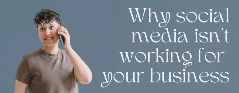 Marketing by Rocio founder Rocio Sanchez posing right next to the words "Why social media isn't working for your business"
