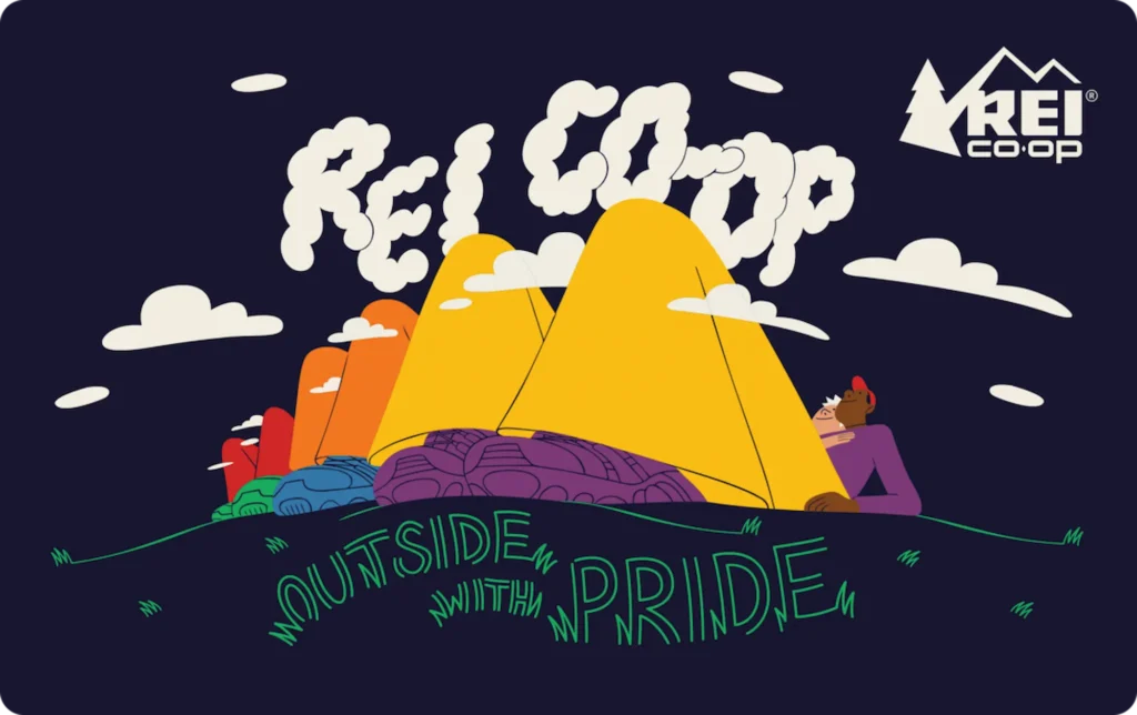 REI Co-op "Outside With Pride" 2026 campaign illustration featuring colorful tents arranged in rainbow colors on a hillside with a camper resting nearby.