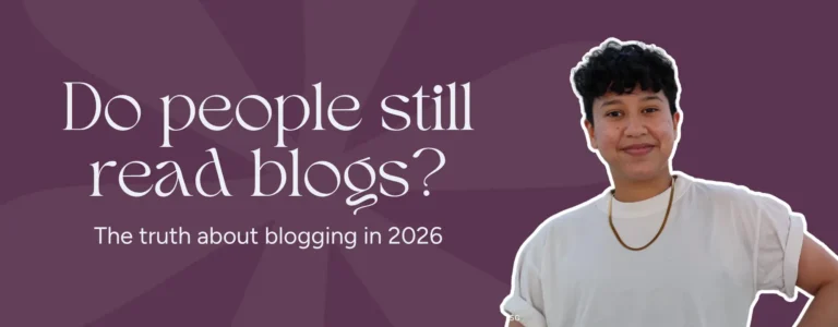 Marketing by Rocio founder Rocio Sanchez posing right next to the words, "Do people still read blogs? The truth about blogging in 2026"