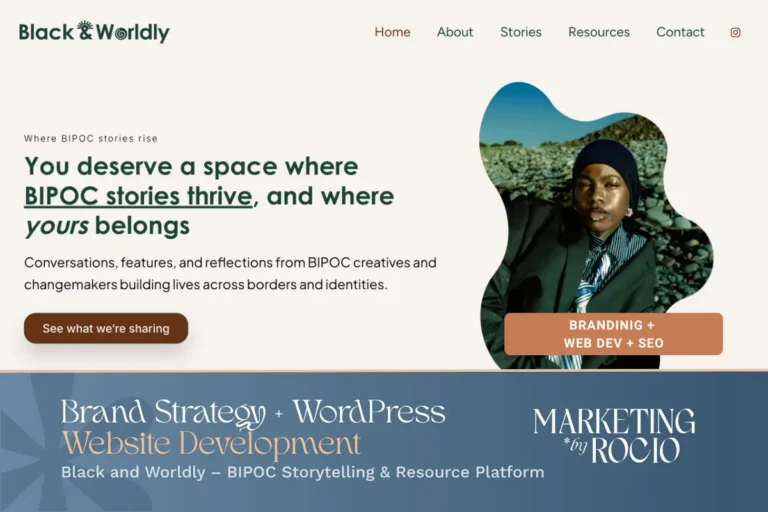 Black and Worldly website homepage with BIPOC storytelling content, shown in a portfolio cover for brand strategy, WordPress development, and SEO.
