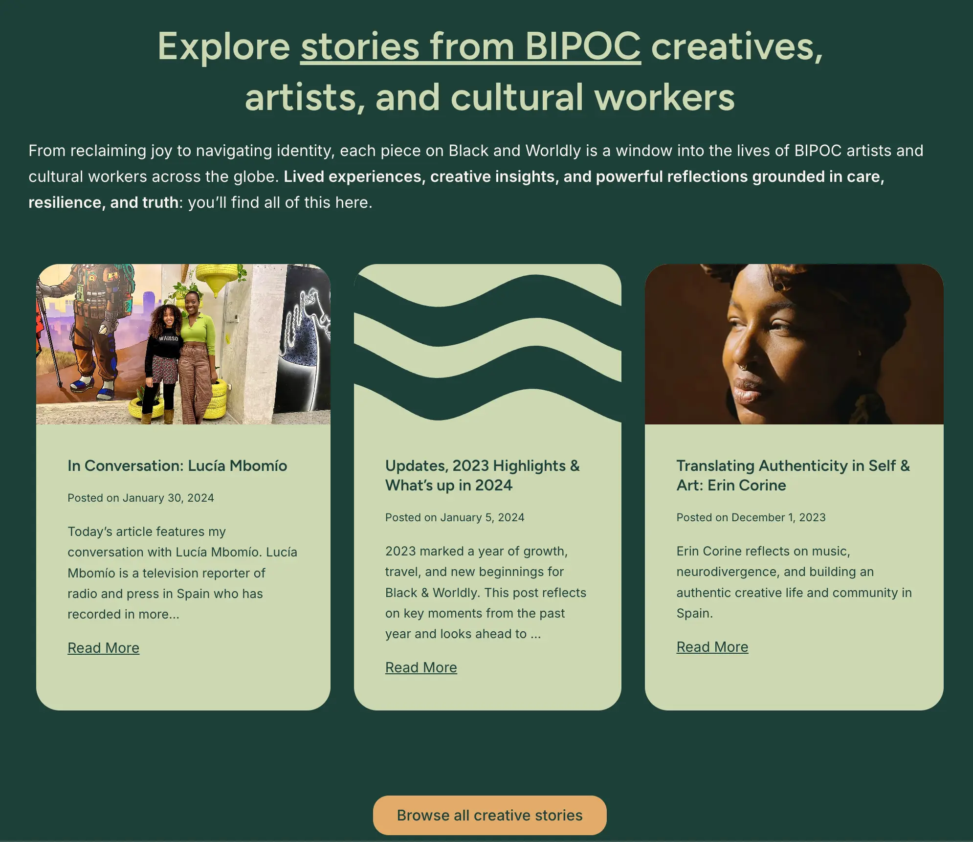 Section of Black and Worldly homepage showing the archive of stories from the Black and Worldly stories section, using branded colors and visual guidelines.