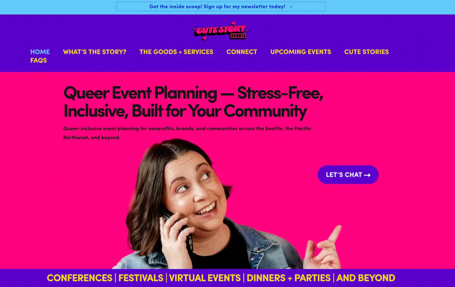 Homepage of current Cute Story Events showing high contrast colors that are more accessible than before the migration.