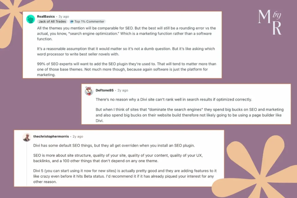 Reddit comments saying a Divi site can rank well and that SEO depends more on content and site structure than the theme