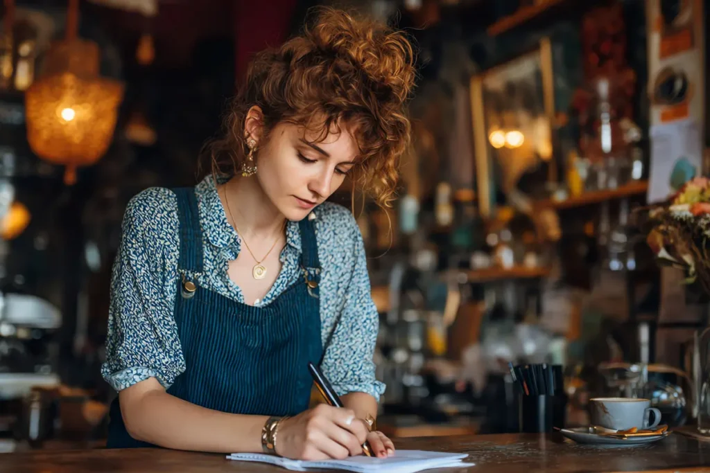 Café owner writing notes at a wooden counter, planning updates for her small business website
