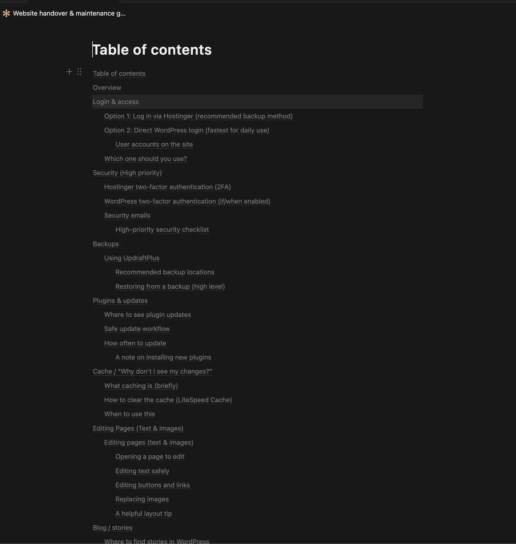 Table of contents of the website handover and maintenance guide for Black and Worldly's post-project reference.
