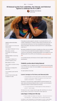 Screenshot of HER blog article titled “33 bisexual quotes from celebrities, the internet, and historical figures,” featuring a photo of two Black women with one whispering in the other’s ear. An affirming quote compilation that highlights bisexual representation from celebrities, historical figures, and the internet — written by Rocio Sanchez.