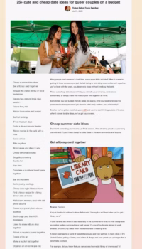 A long-form HER blog article offering 25+ budget-friendly date ideas for queer couples — written by Rocio Sanchez, published July 2023. Screenshot of HER blog article titled “25+ cute and cheap date ideas for queer couples on a budget,” featuring a photo of a queer couple at a farmer’s market and a list of date ideas.