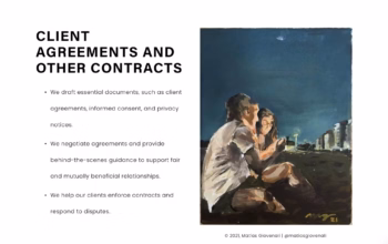 Section highlighting contract support services. Copy edits ensured legal language stayed approachable and SEO-friendly without diluting meaning. Section of Pepitone Law’s homepage outlining client agreement services and featuring a painting of a couple at night.