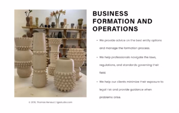 Business formation page. Internal linking and content tagging were refined to strengthen relevance for searches like “PLLC formation NYC.” Screenshot of a service section about business formation and legal compliance, with ceramic artwork displayed on the side.