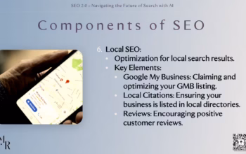 Local matters. This final section walked through how to optimize for local directories, reviews, and maps-based results. Slide titled “Components of SEO” focused on “Local SEO,” showing a hand holding a phone with a Google Maps search result open.