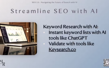Streamline SEO with AI: Discover how to instantly generate keyword ideas with AI tools and validate your strategy using platforms like Keysearch. Slide from an SEO talk showing a laptop with analytics dashboard and key points about using AI for keyword research, including ChatGPT and Keysearch.co.
