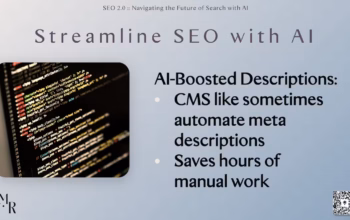 AI-Boosted Meta Descriptions: Learn how content management systems can automatically generate metadata, saving hours of manual SEO work. Slide showing how AI can automate meta descriptions via CMS platforms, alongside a close-up of colorful code on a black screen