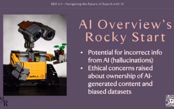Ethical & Accuracy Risks: AI tools can ‘hallucinate’ facts and raise new ethical dilemmas around ownership and bias in content creation. Presentation slide with a LEGO Wall-E holding a plant, used to symbolize concerns over AI inaccuracies and ethics in content