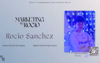 Meet the speaker: Rocio Sanchez, a queer digital strategist helping marginalized communities master SEO and brand visibility. Slide featuring Rocio Sanchez’s speaker introduction: “Marketing by Rocio,” “Queer Brand Strategist,” and “Digital Marketing Expert” with a photo of Rocio in front of a vibrant blue-lit background and a QR code for contact.