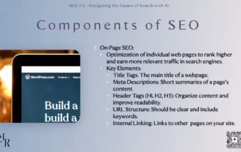 On-page SEO matters. From header structure to internal linking, Rocio covered the content-layer optimizations that impact ranking the most. Slide titled “Components of SEO” focused on “On-Page SEO,” with a WordPress site on-screen and bullets on tags, descriptions, and linking.