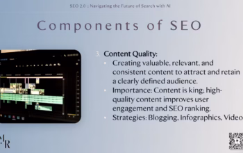 Content is still king. Rocio emphasized the value of relevant, consistent, and engaging content strategies to build visibility over time. Slide titled “Components of SEO” focused on “Content Quality,” with a visual of video editing software open on a computer.