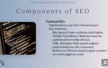 Behind the scenes: From site speed to mobile responsiveness and XML sitemaps, technical SEO plays a huge role in user experience and indexing. Slide titled “Components of SEO” focused on “Technical SEO,” with a visual of HTML code on a computer screen.