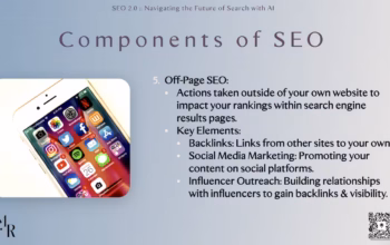 SEO isn’t just on your site. Rocio covered backlink strategies, influencer outreach, and social sharing to boost off-page authority. Slide titled “Components of SEO” focused on “Off-Page SEO,” featuring a smartphone screen filled with popular social media apps.