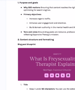 An excerpt from the internal SEO writing guide I created for Expansive Therapy’s editorial team. This document helped align voice, structure, and search intent across clinician-authored blog content. Preview of Expansive Therapy’s internal SEO style guide, outlining purpose, content structure, tone, and blog formatting strategies tailored to trauma-informed mental health content.
