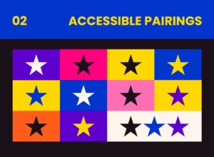 Accessibility informed how the palette could actually be used, turning bold brand colors into practical combinations for the new site. Accessible color pairing guide showing approved combinations of purple, pink, yellow, blue, orange, cream, and deep plum using star graphics.