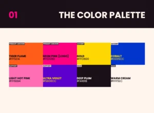 The existing brand colors were refined into a structured palette with clear roles for primary, accent, support, and base colors. Cute Story Events color palette showing Tiger Flame orange, Neon Pink, Gold, Cobalt blue, Light Hot Pink, Ultra Violet, Deep Plum, and Warm Cream.