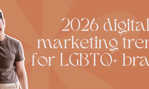 Marketing by Rocio founder posing right next to the words, "2026 digital marketing trends for LGBTQ+ brands"