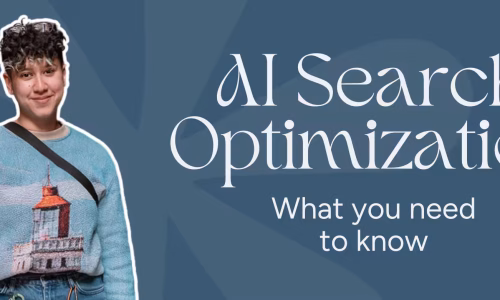 Marketing by Rocio founder posing next to words, "AI Search Optimization: What you need to know"