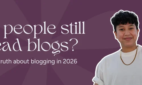 Marketing by Rocio founder Rocio Sanchez posing right next to the words, "Do people still read blogs? The truth about blogging in 2026"