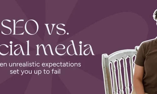 Marketing by Rocio founder posing right next to the words, "SEO vs social media: when unrealistic expectations set you up to fail"