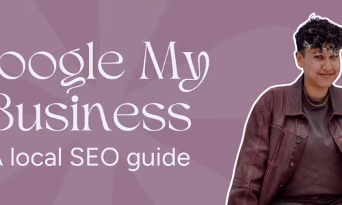 Marketing by Rocio founder posing right next to the words, "Google My Business: A Local SEO guide"