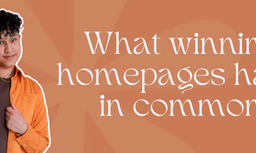 Marketing by Rocio founder posing right nextto words, "What winning homepages have in common."