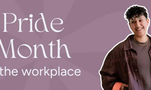 Rocio Sanchez, founder of Marketing by Rocio and personal branding expert for LGBTQ+ professionals, poses with a text overlay reading “A guide to celebrating Pride Month in the workplace”