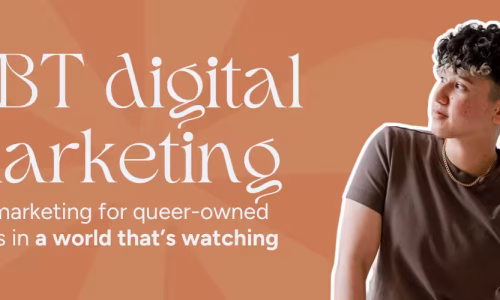 Banner image reading ‘LGBT digital marketing – Real marketing for queer-owned brands in a world that’s watching,’ featuring a person with short curly hair and a neutral expression, looking off to the side, on a terracotta background