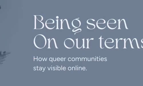 Nonbinary person smiling softly, hands clasped, beside the text ‘Being seen on our terms — How queer communities stay visible online’ on a muted blue background. Branding for Marketing by Rocio in lower corner